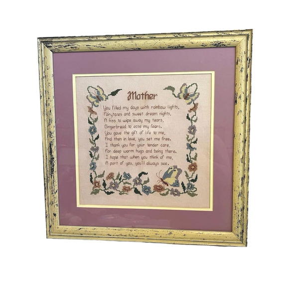 Framed handmade needlepoint Mother’s Day poem